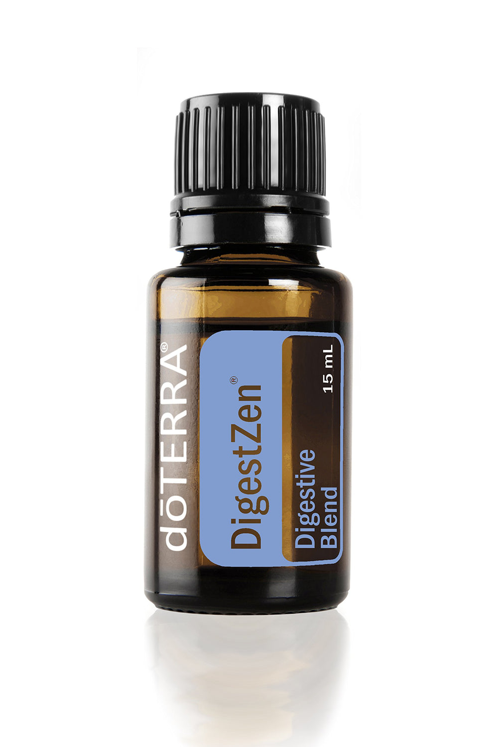 doTERRA DigestZen bottle close-up highlighting a soothing digestive blend for occasional comfort.