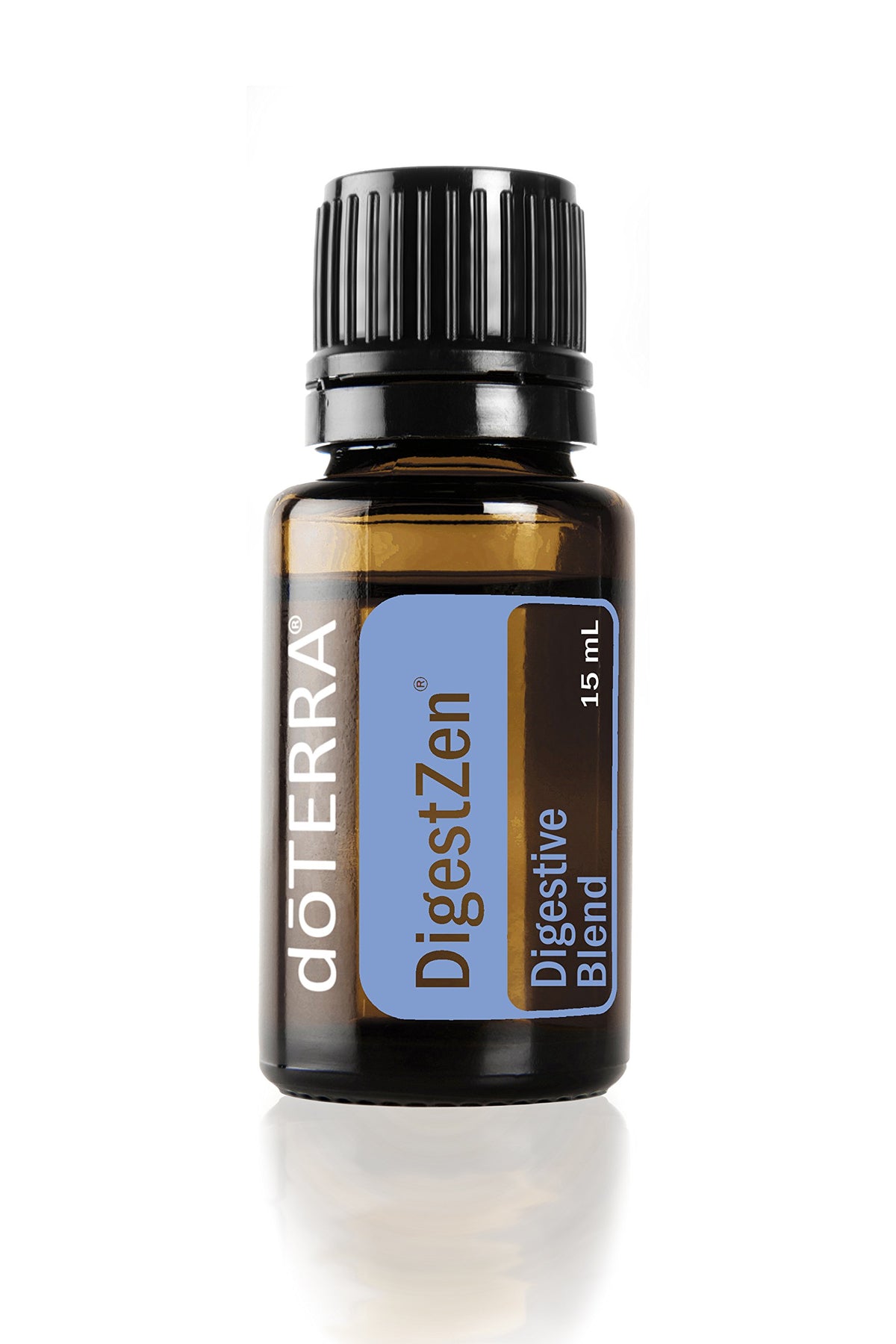 doTERRA DigestZen bottle close-up highlighting a soothing digestive blend for occasional comfort.