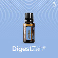 doTERRA DigestZen bottle shows ginger and peppermint ingredients for digestive comfort.