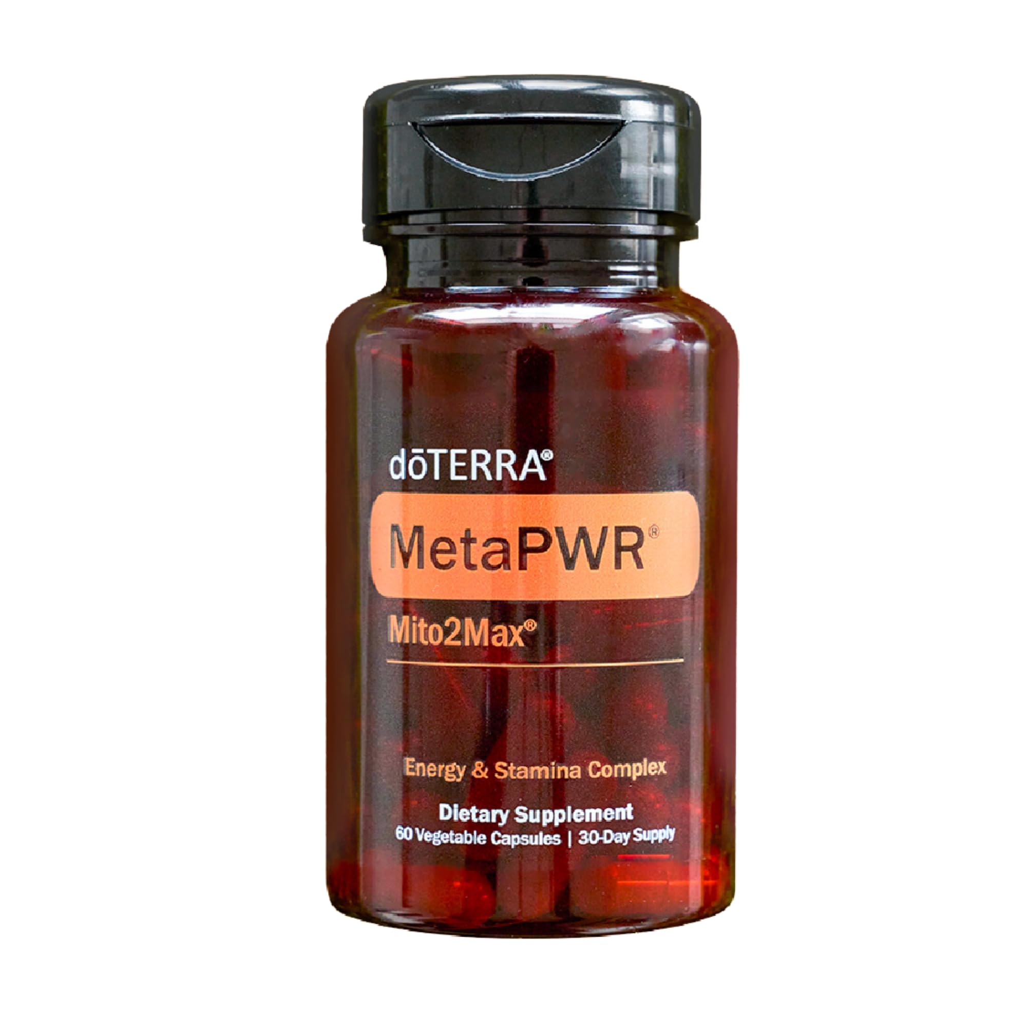 doTERRA MetaPWR Mito2Max bottle on a clean countertop promotes sustained energy.