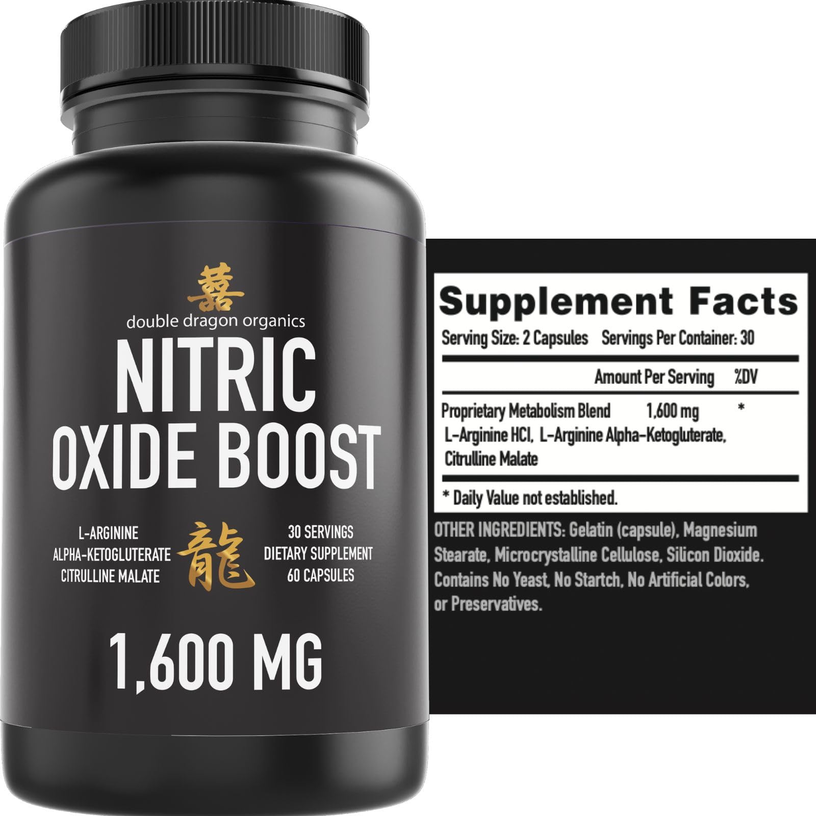 Double Dragon Organics Nitric Oxide Booster ingredients chart showing L-Arginine and Citrulline