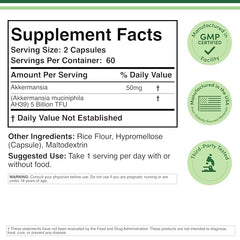 Akkermansia capsules close-up showing potency and CFU per gram