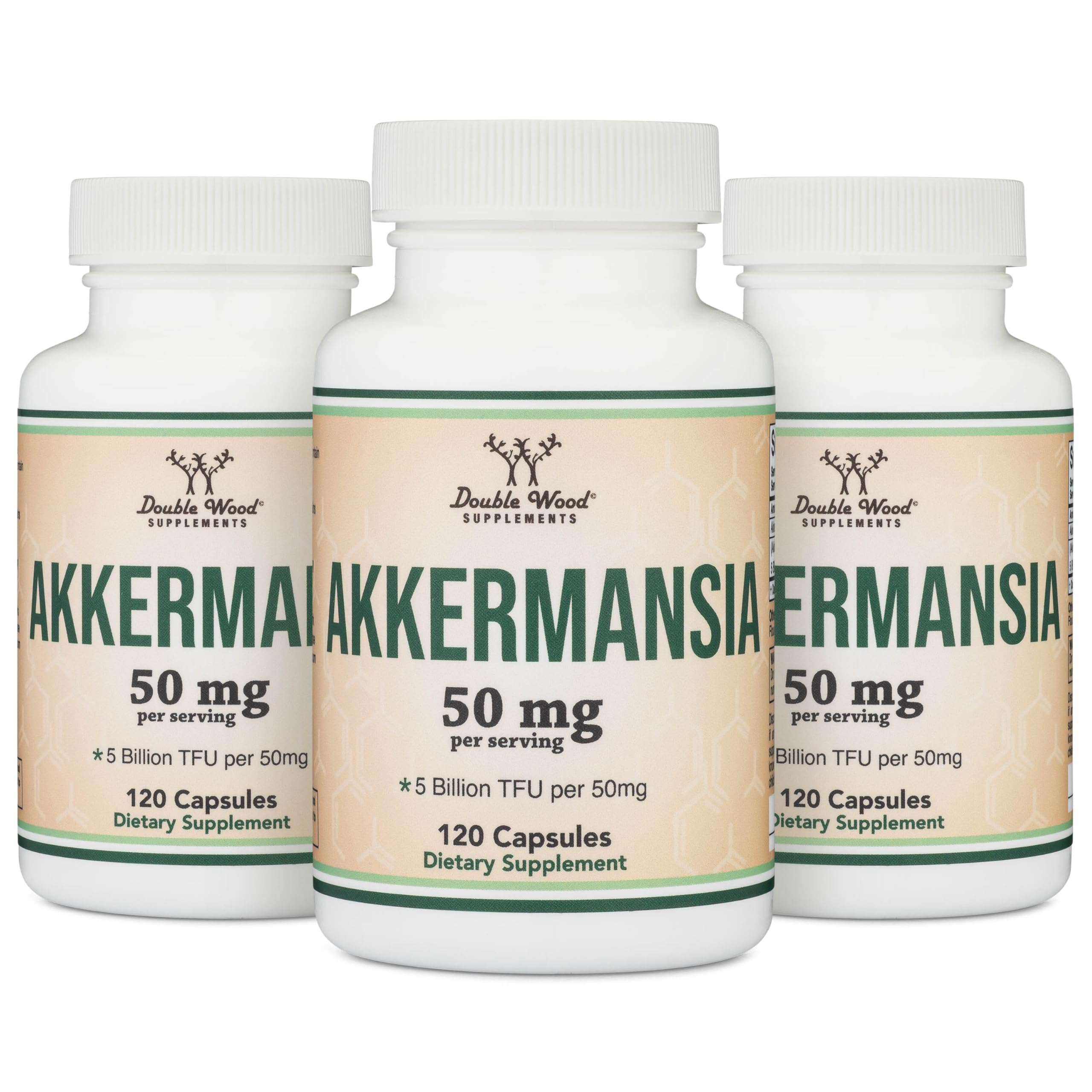 Two-month supply: 60 capsules per bottle of Double Wood Akkermansia