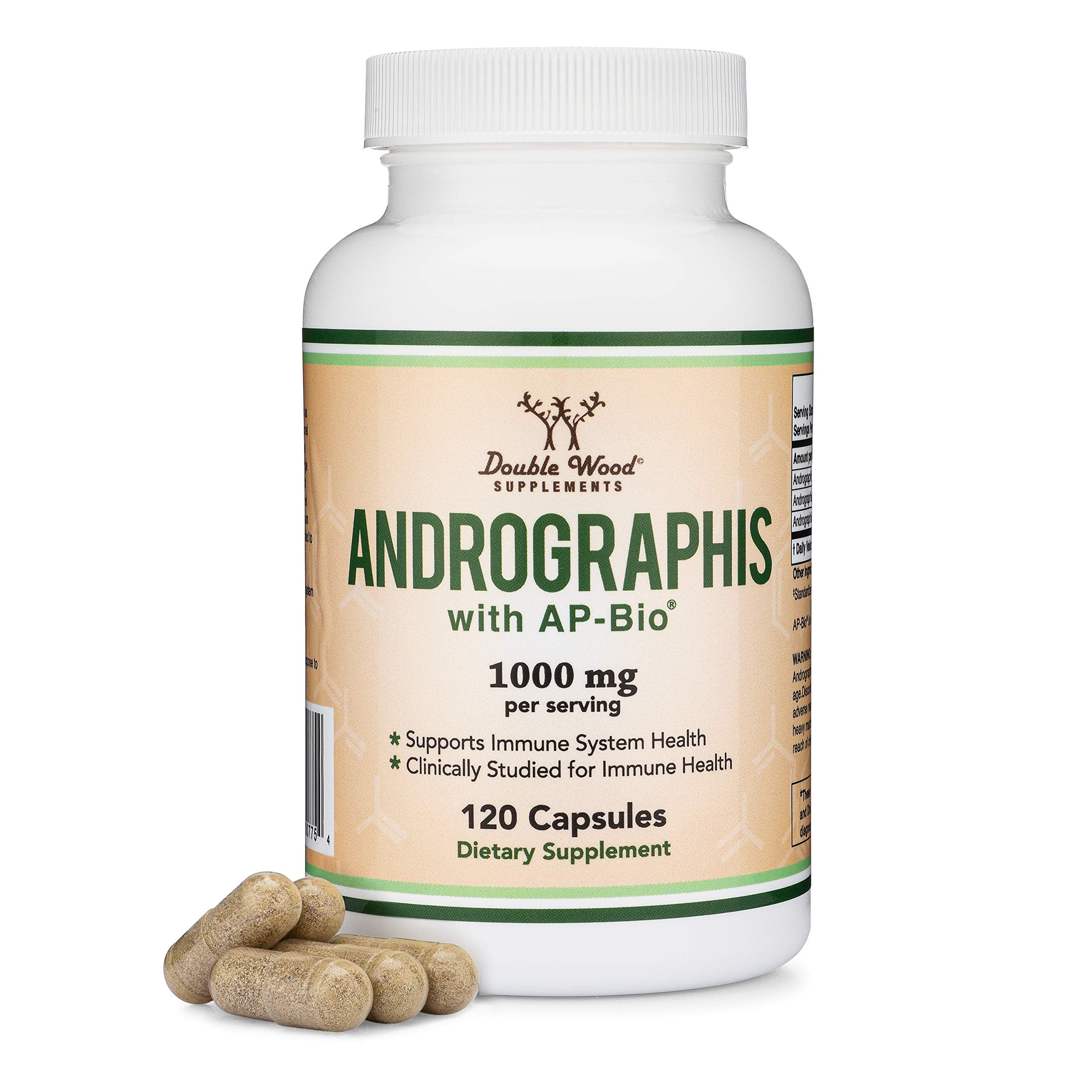 Double Wood Andrographis capsules front label with dosage and AP-Bio details.