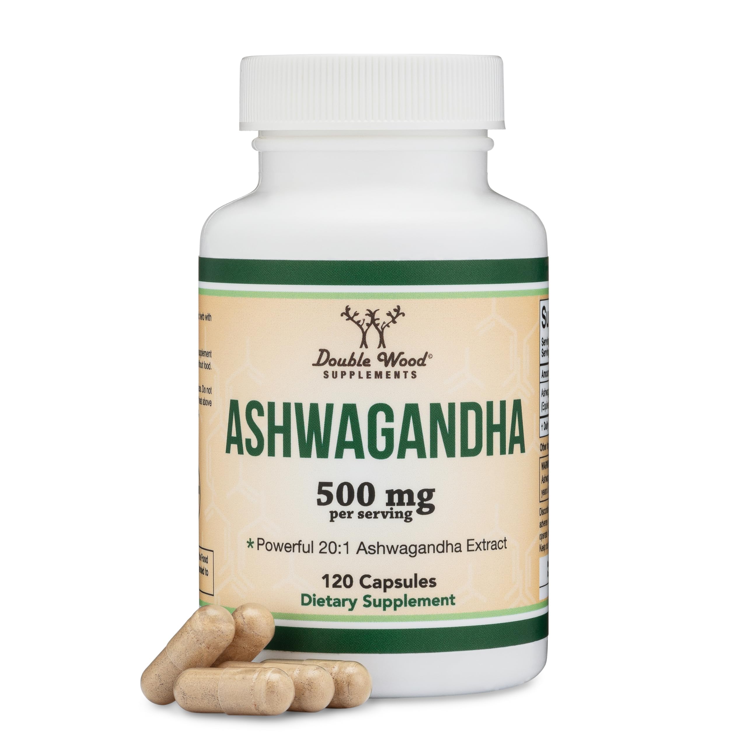 Double Wood Ashwagandha capsules bottle for daily support.