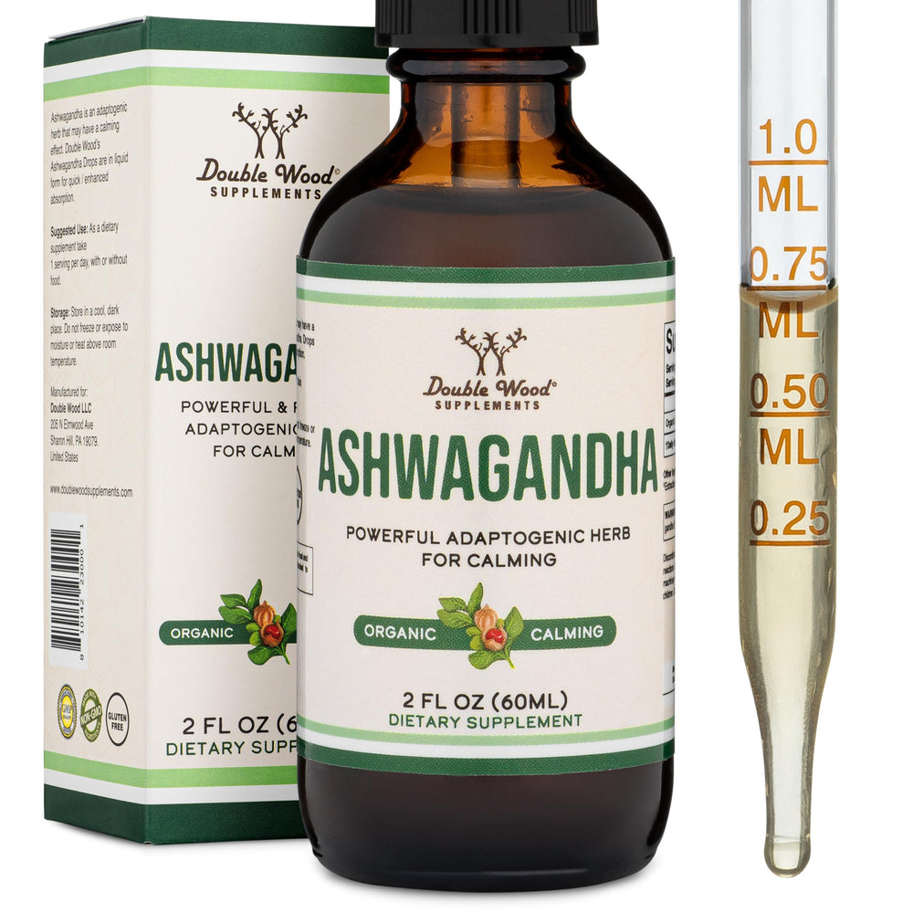 Double Wood Ashwagandha Drops bottle showing convenient liquid format for easy daily use.