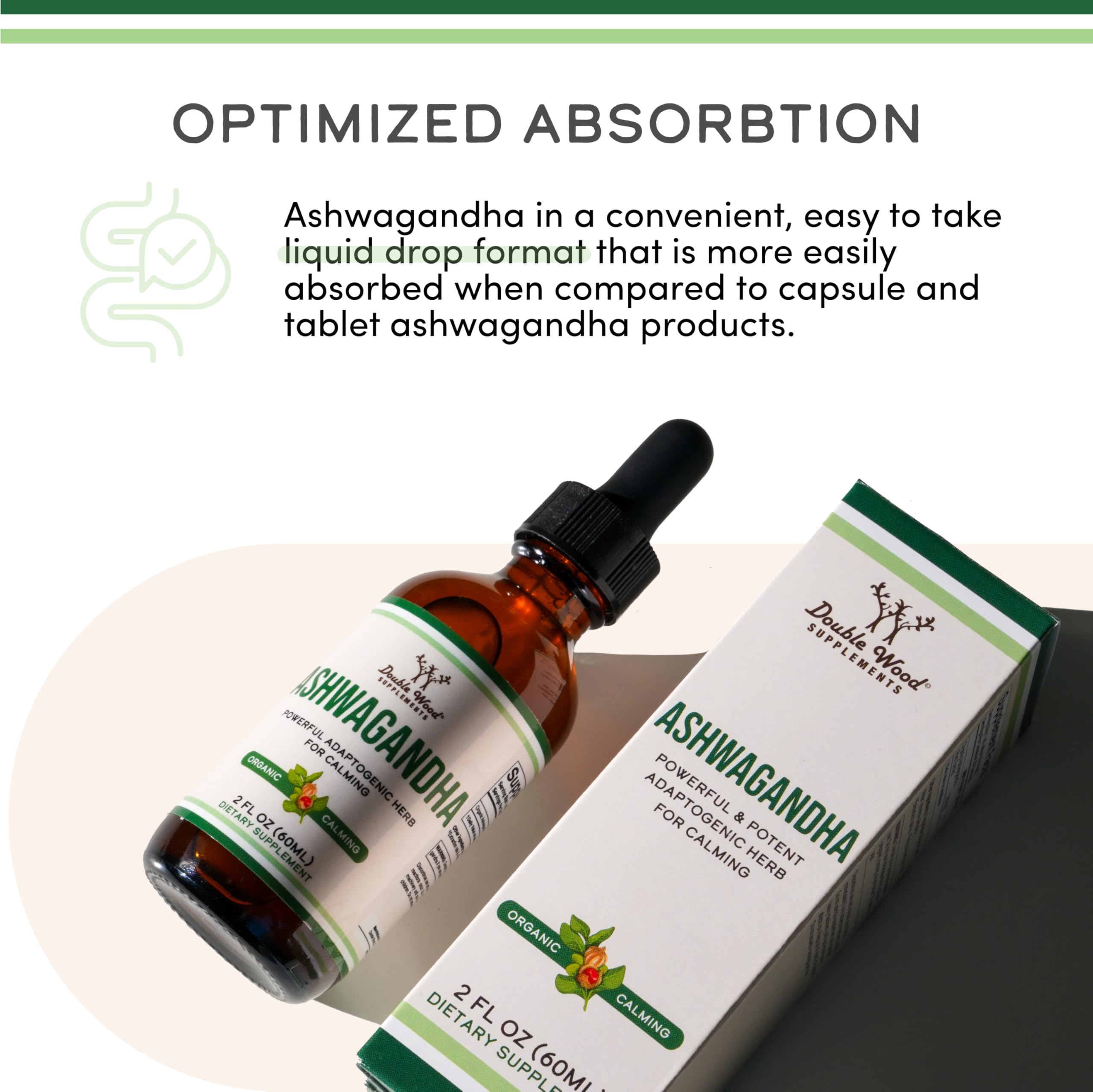 Gluten-free and non-GMO symbols on Double Wood Ashwagandha Drops packaging.