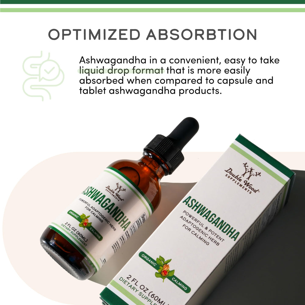 Gluten-free and non-GMO symbols on Double Wood Ashwagandha Drops packaging.