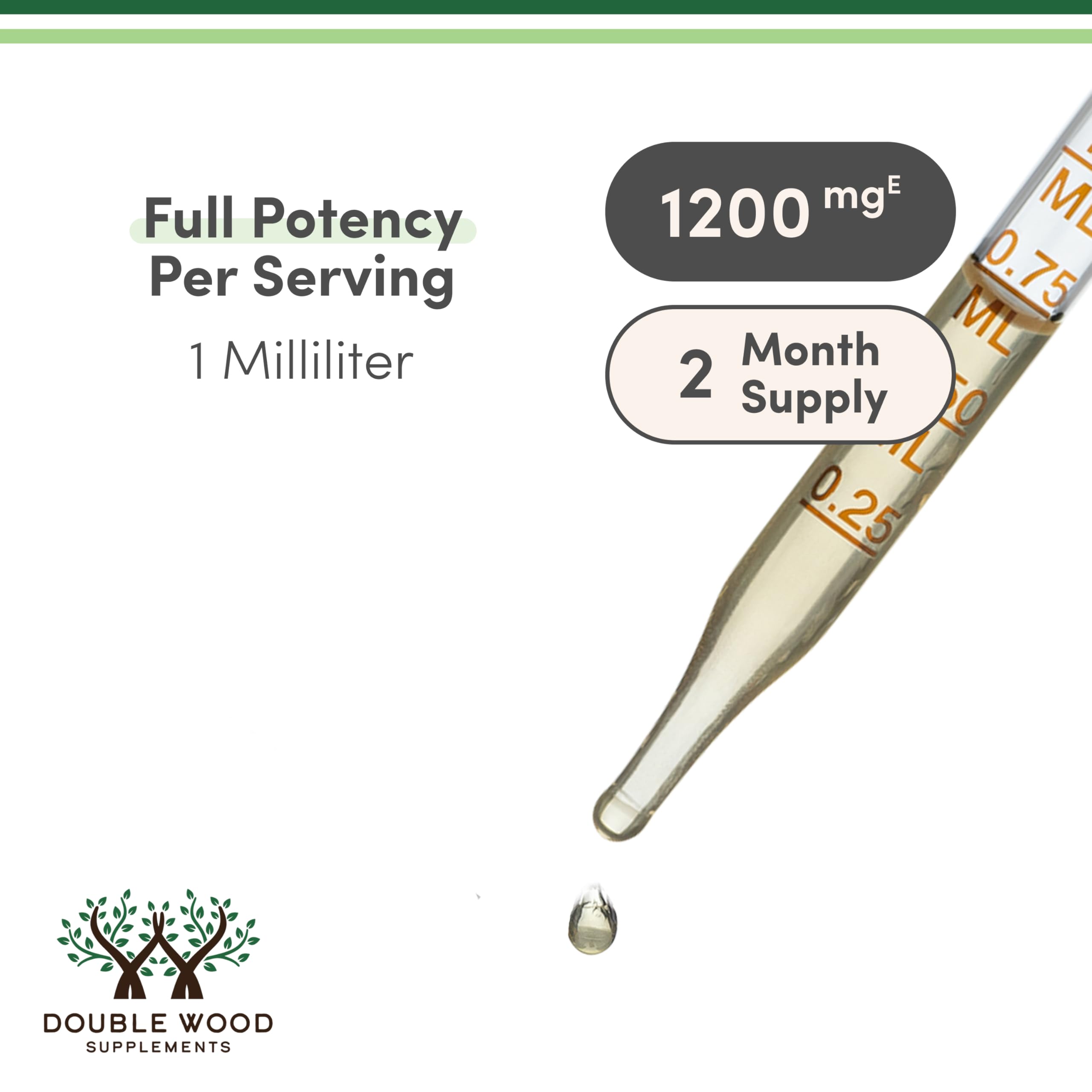 Front label of Double Wood Ashwagandha Drops highlighting vegan, gluten-free ingredients.