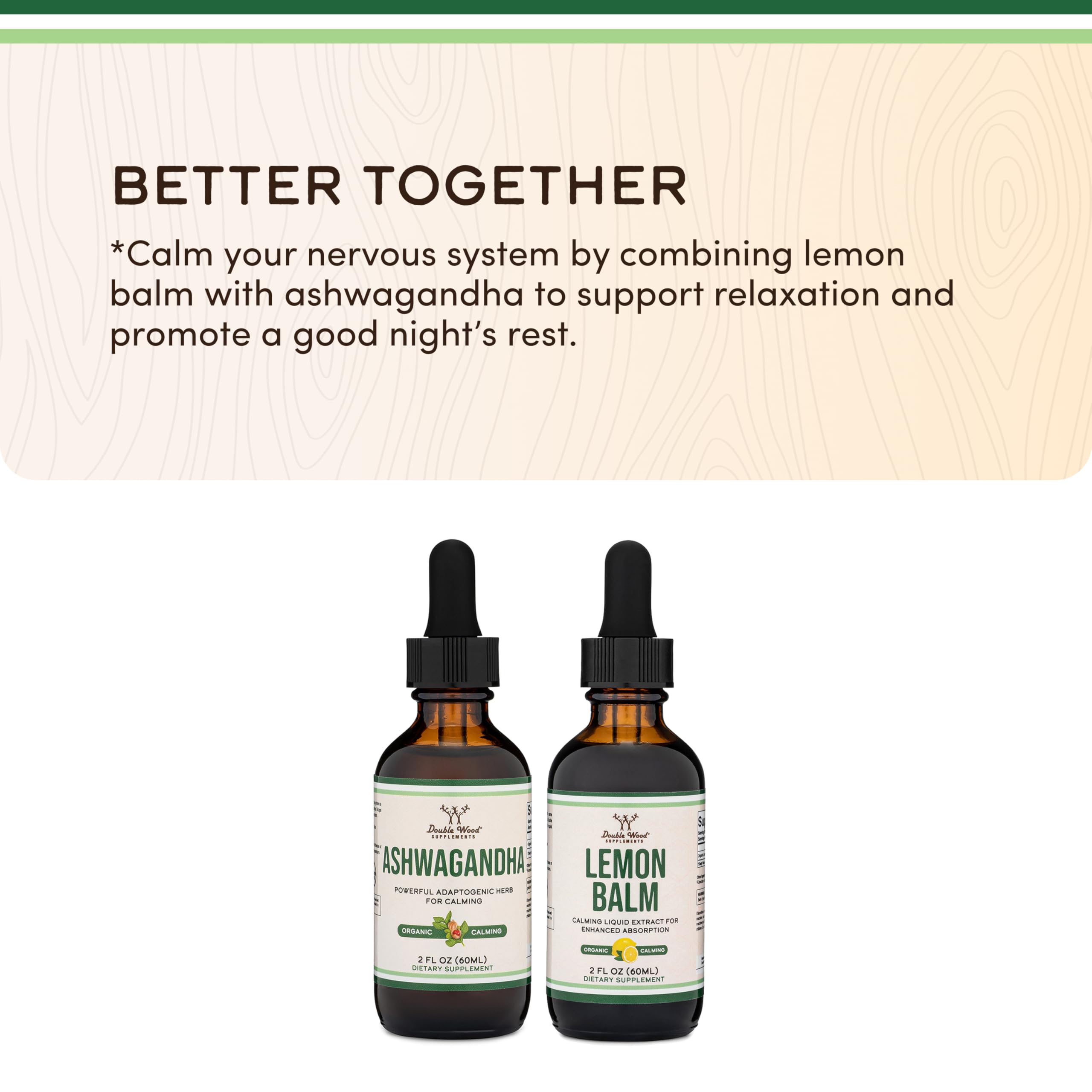 Double Wood Ashwagandha Drops bottle beside a calm lifestyle setting.
