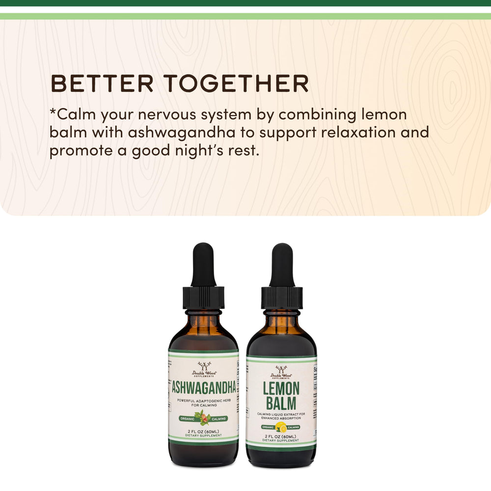 Double Wood Ashwagandha Drops bottle beside a calm lifestyle setting.