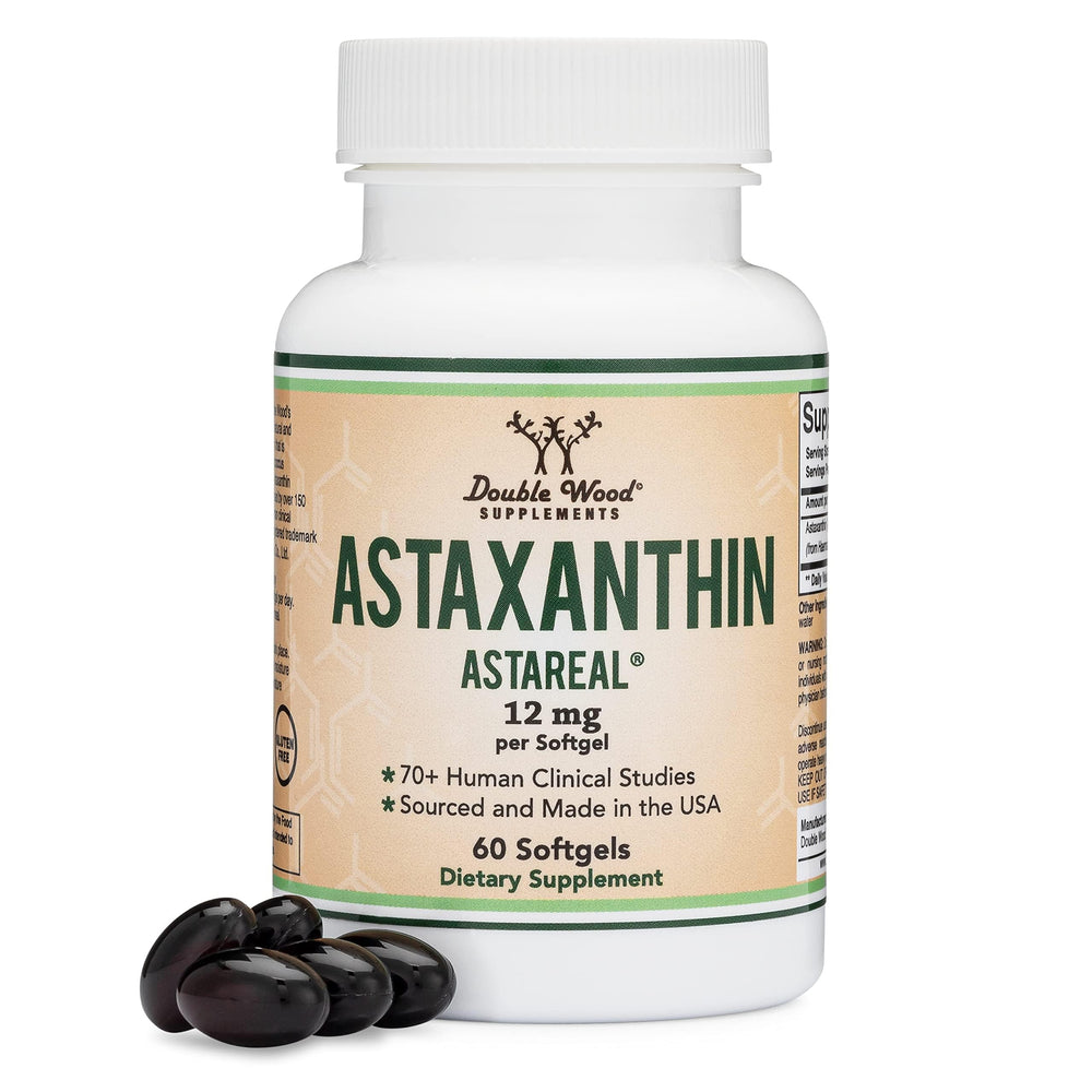 Double Wood Astaxanthin bottle with 60 softgels for daily wellness.
