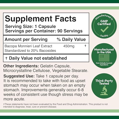 Close-up of Double Wood Bacopa capsules highlighting the 450 mg dosage for cognitive function.