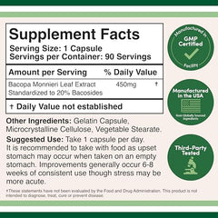 Close-up of Double Wood Bacopa capsules highlighting the 450 mg dosage for cognitive function.