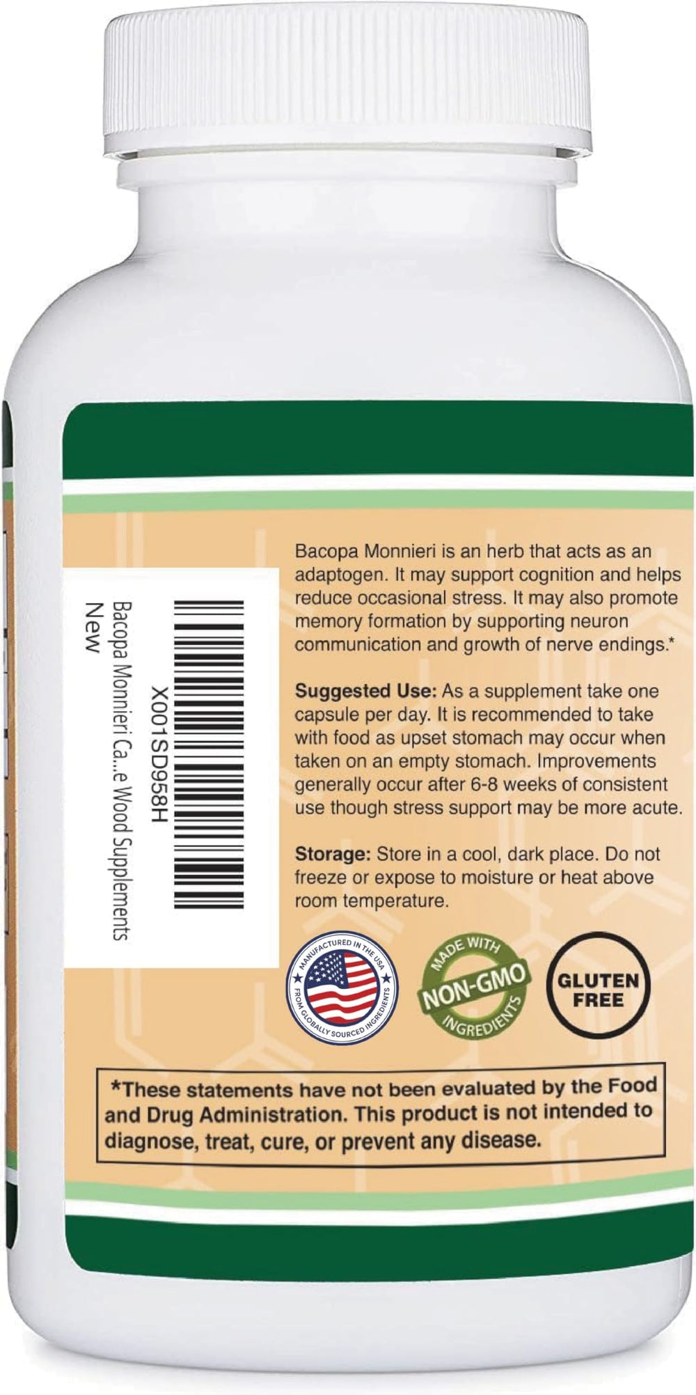 Close view of Double Wood Bacopa label showing non-GMO certification and testing marks.