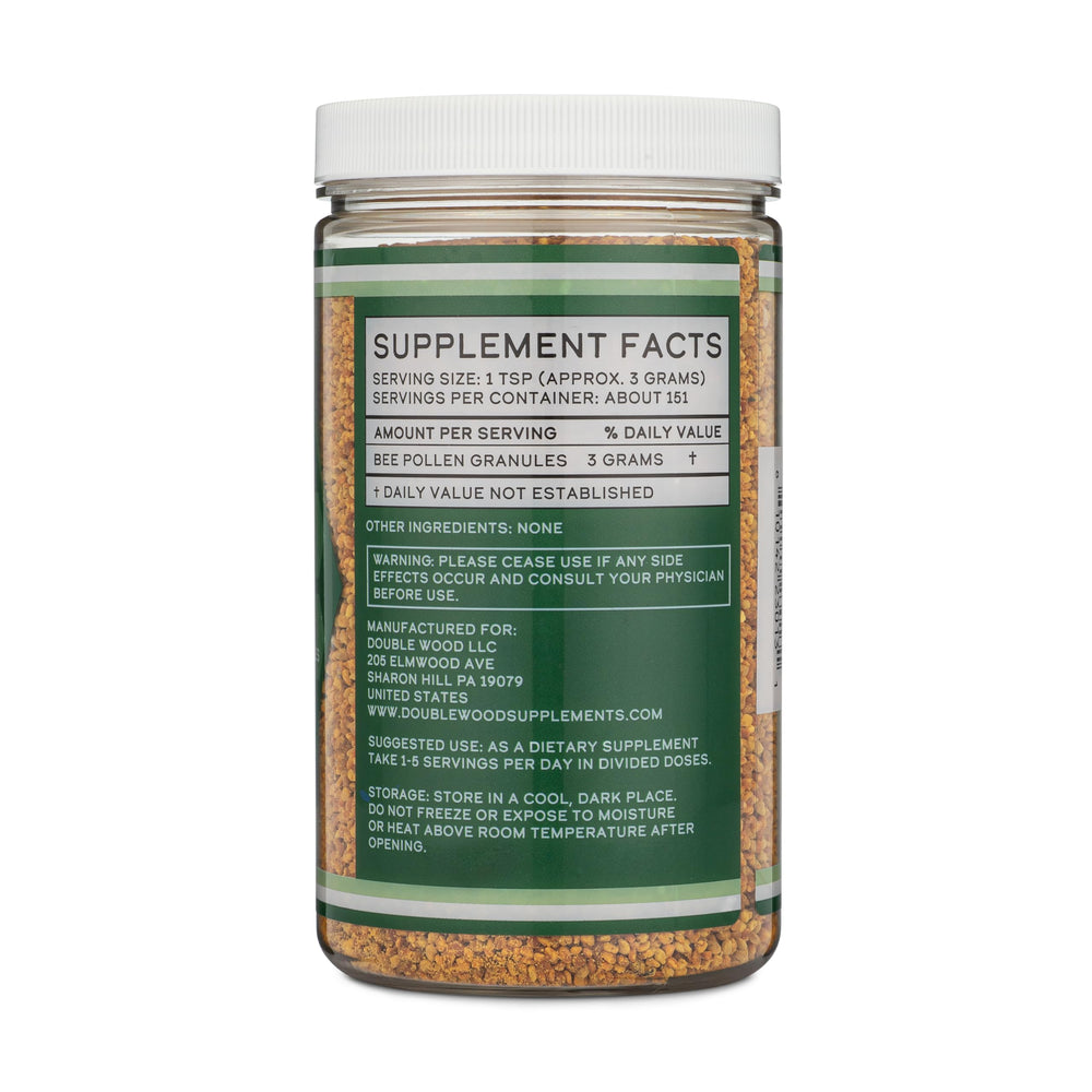 Double Wood Bee Pollen bottle ready for daily smoothie add-ins.