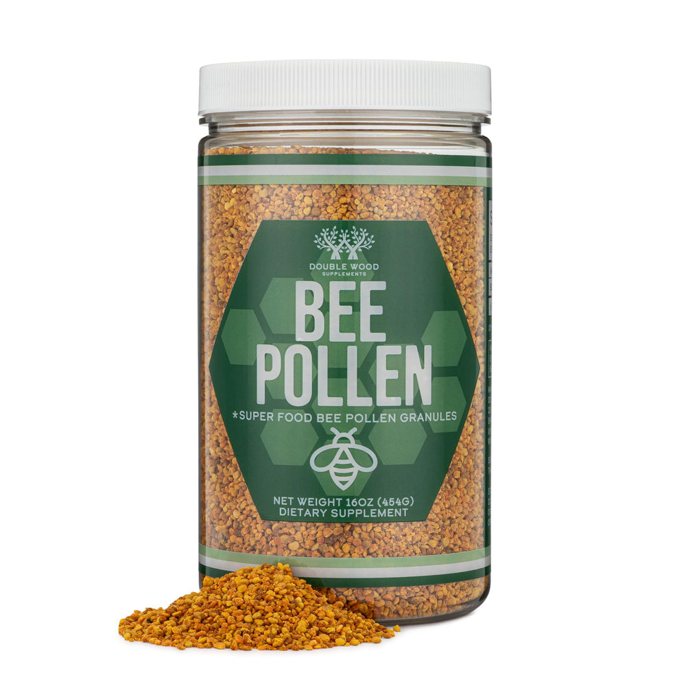 Double Wood Bee Pollen granules in jar for daily nutrition.