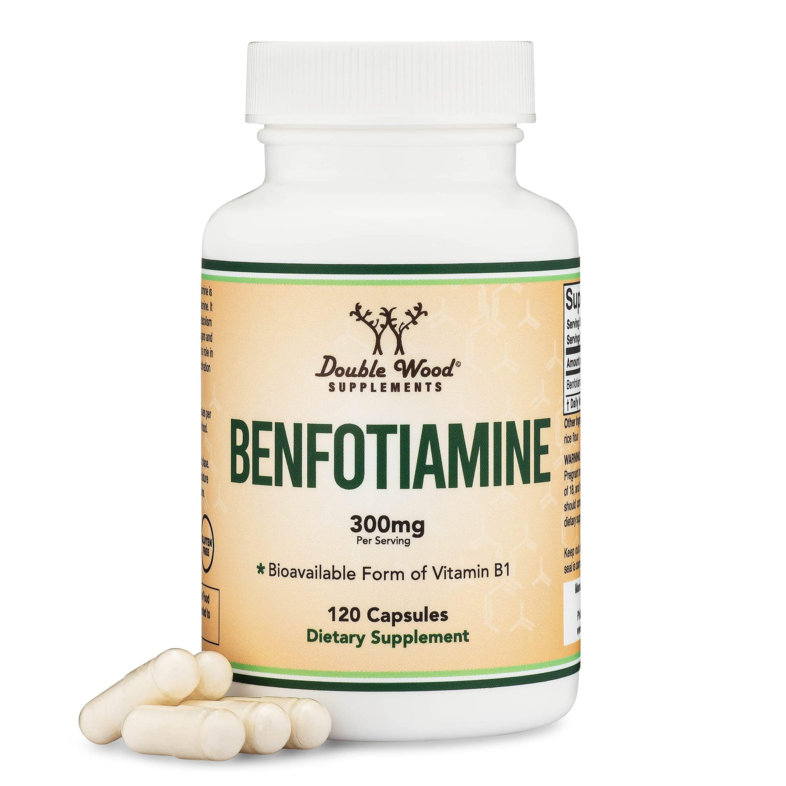 Double Wood Benfotiamine bottle front showing label and potential daily thiamine support.