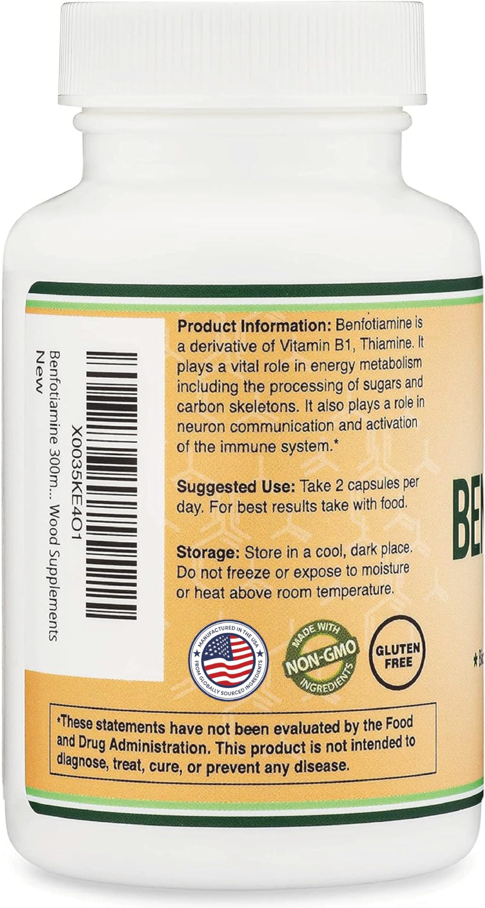 Label highlights non-GMO, gluten-free, and vegetarian-safe features for Double Wood Benfotiamine.
