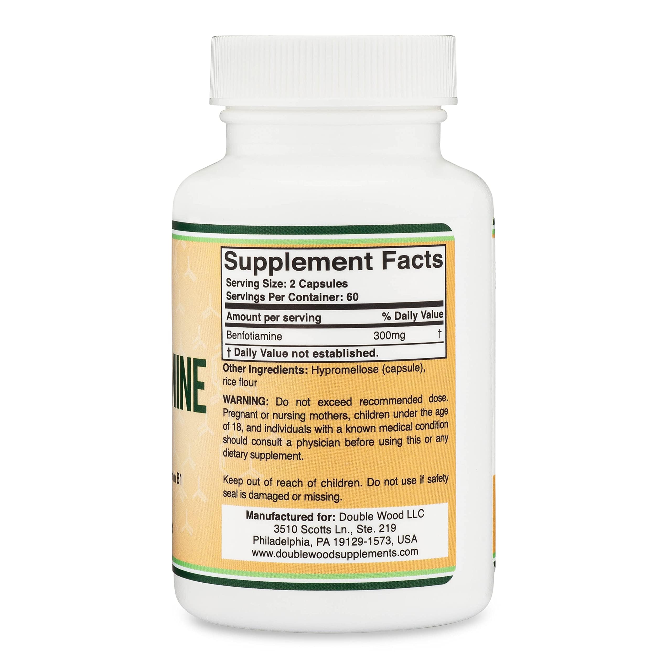 Double Wood Benfotiamine serving shown with two capsules split across meals for convenient dosing.