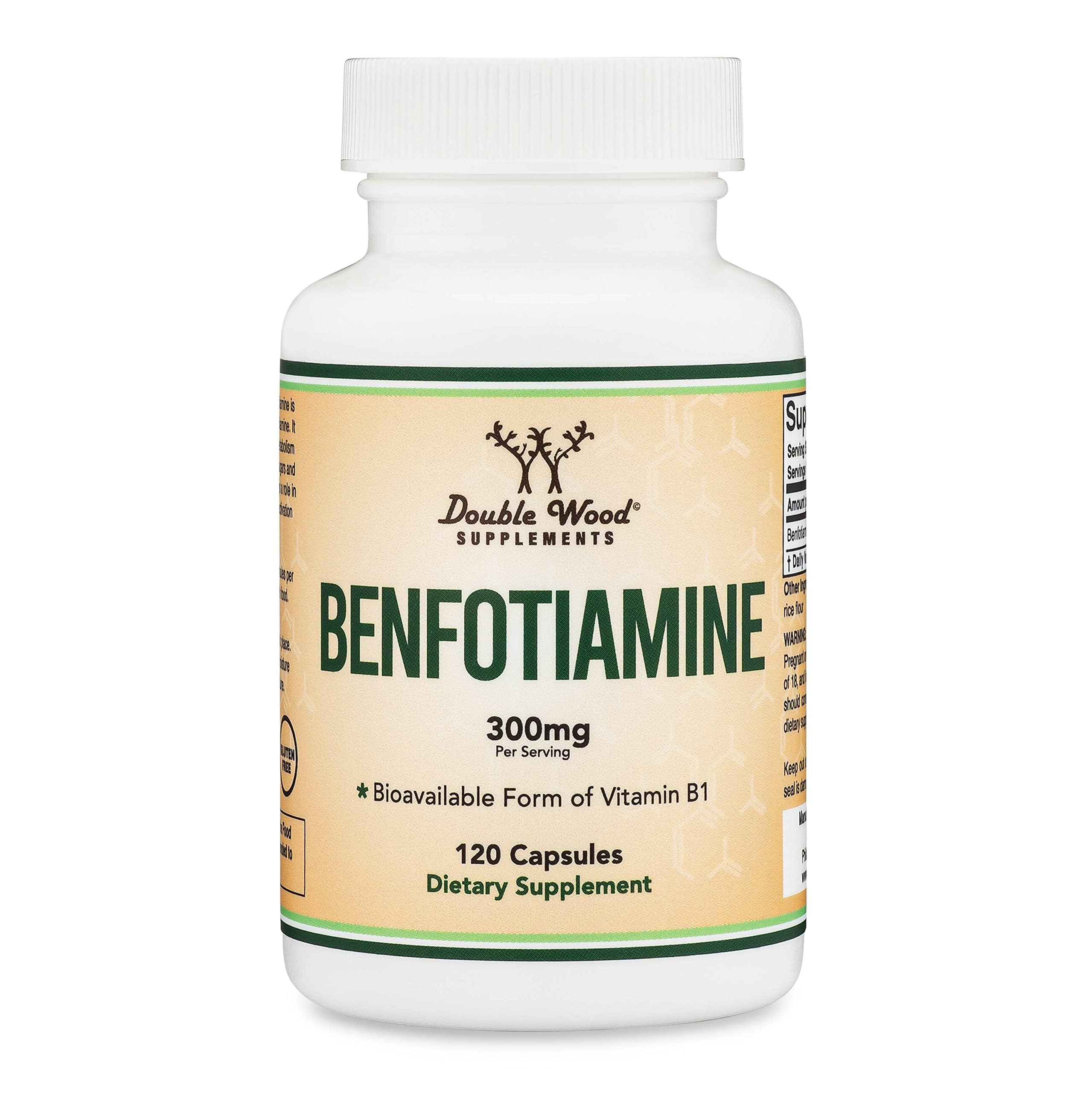 Double Wood Benfotiamine bottle notes USA-sourced ingredients and third-party testing.