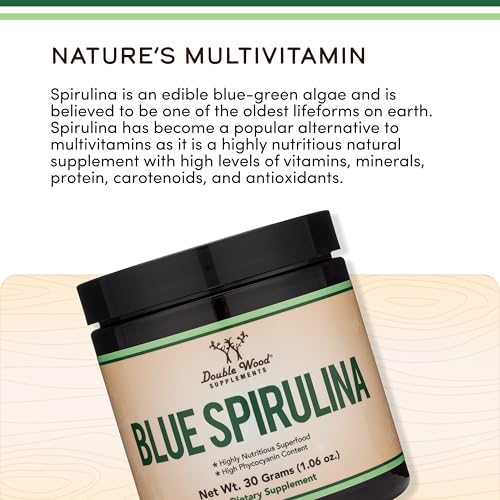 Double Wood Blue Spirulina powder bottle label emphasizes purity and USA-made quality.