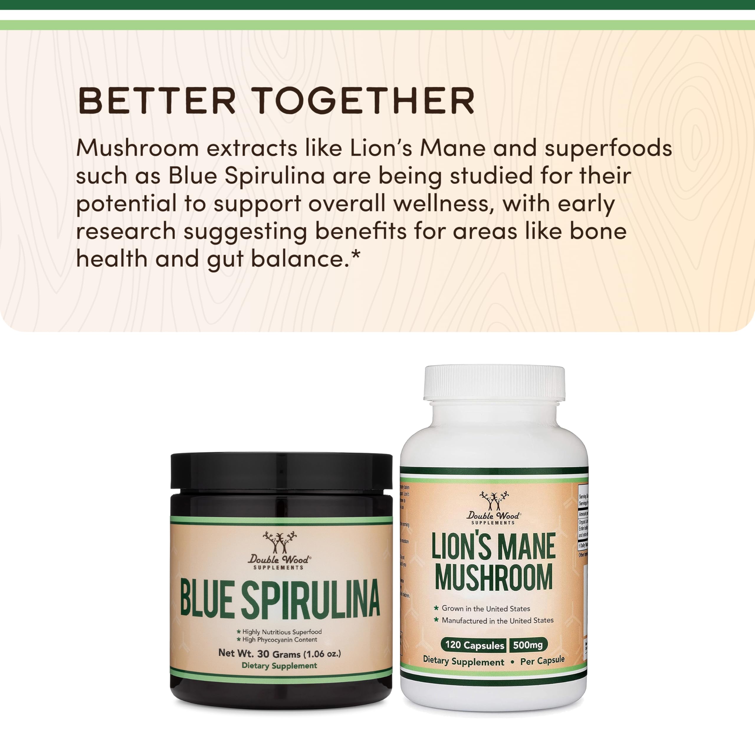 Double Wood Blue Spirulina powder in smoothie glass highlights vibrant color and nutrients.