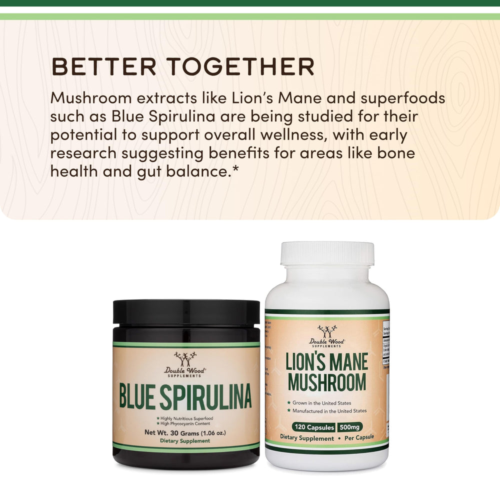 Double Wood Blue Spirulina powder in smoothie glass highlights vibrant color and nutrients.