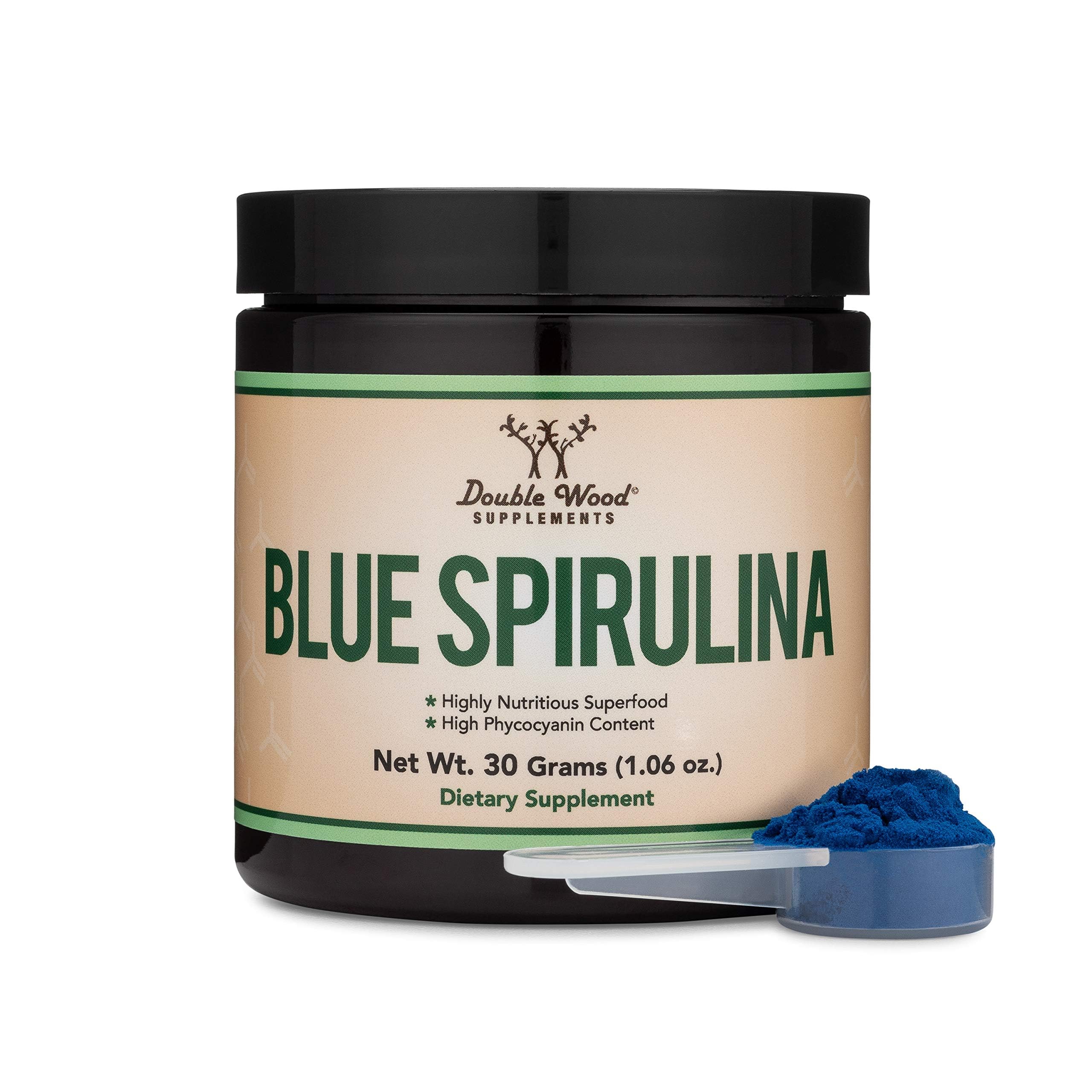 Double Wood Blue Spirulina powder jar highlights premium plant-based color boost for smoothies.