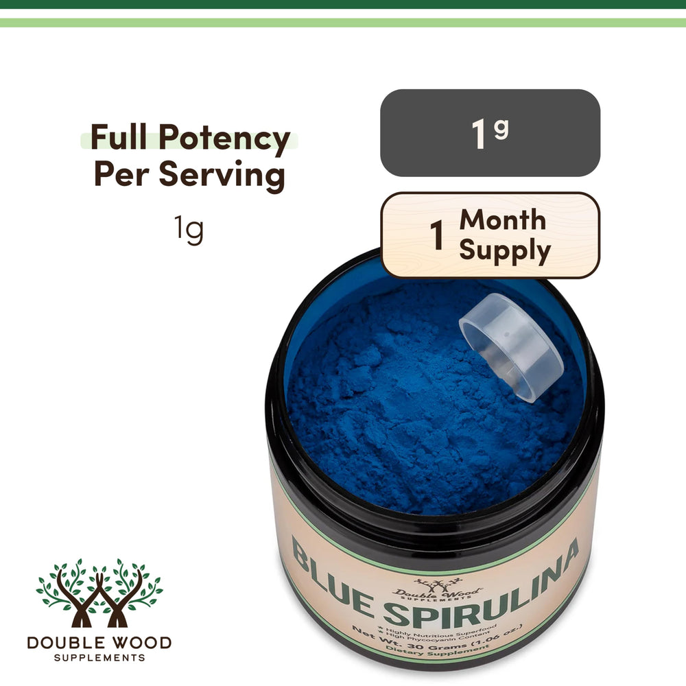 Double Wood Blue Spirulina powder on kitchen counter conveys convenient plant colorant.
