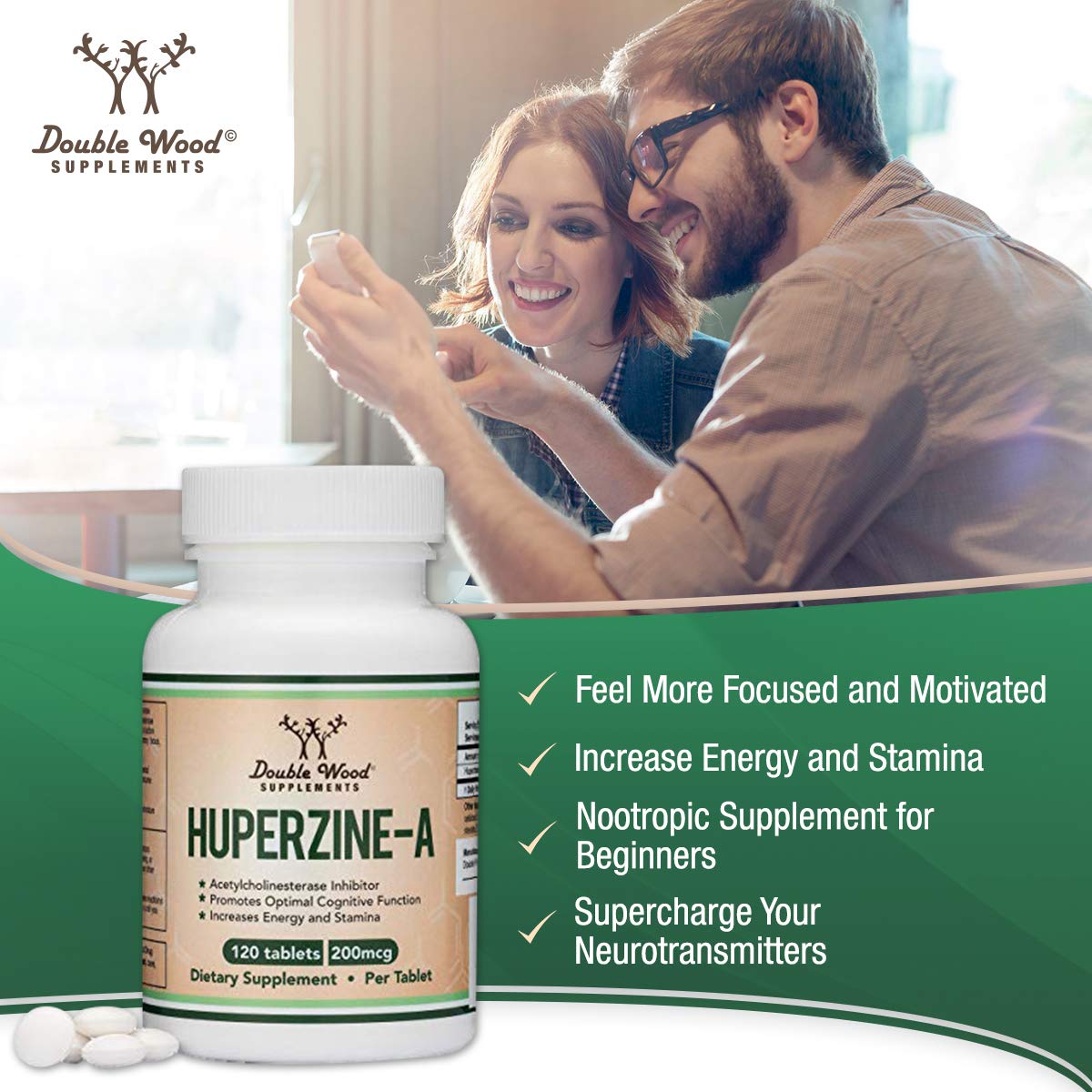 Double Wood Huperzine A capsules shown for daily routine at a desk.