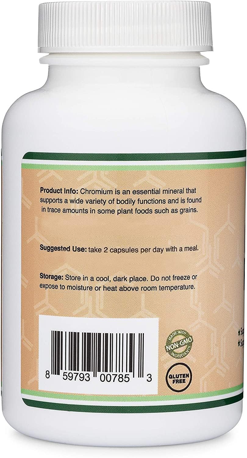 Double Wood Chromium Picolinate box packaging emphasizes vegetarian safe and gluten-free