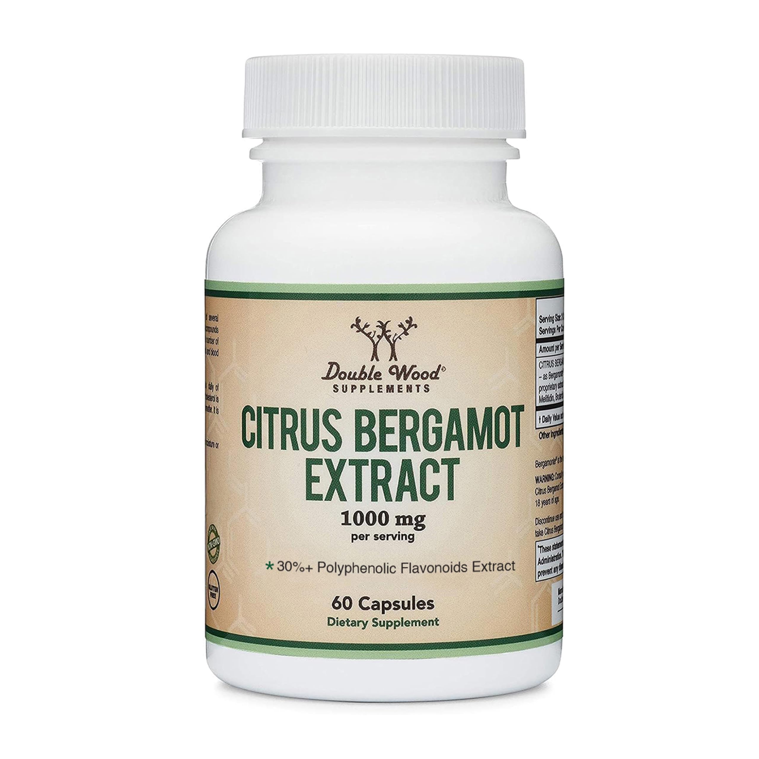 Double Wood Citrus Bergamot bottle and capsules on a counter, suggesting daily heart health support.