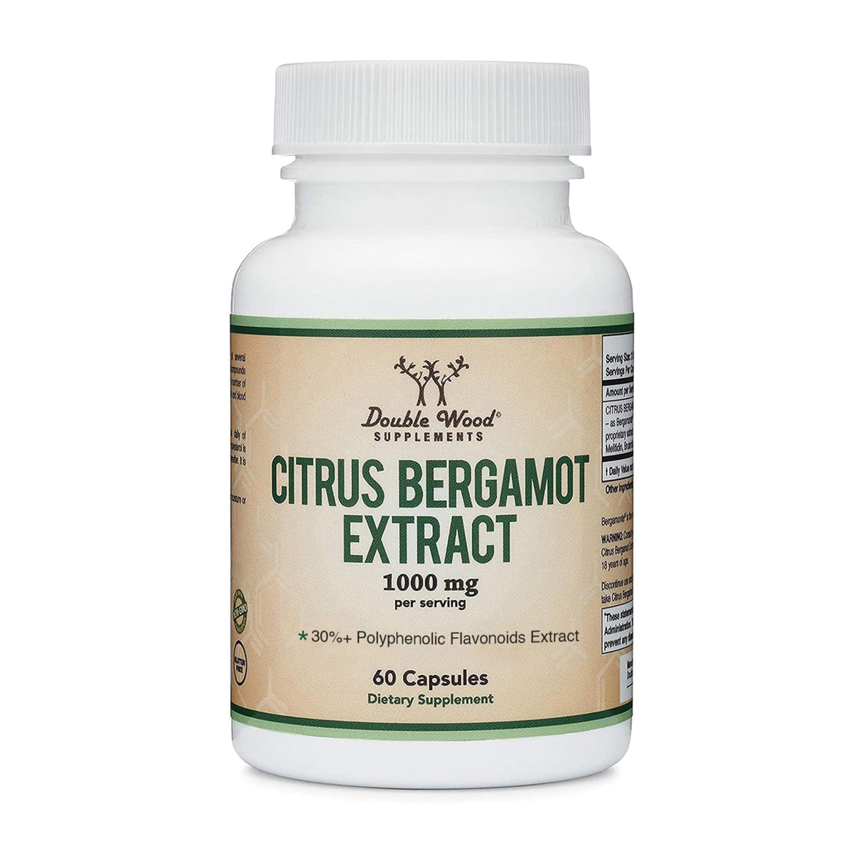 Double Wood Citrus Bergamot bottle and capsules on a counter, suggesting daily heart health support.