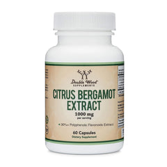 Double Wood Citrus Bergamot bottle and capsules on a counter, suggesting daily heart health support.