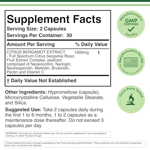 Close-up of Double Wood Citrus Bergamot capsules, highlighting 1000 mg per serving potency.