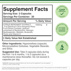 Close-up of Double Wood Citrus Bergamot capsules, highlighting 1000 mg per serving potency.
