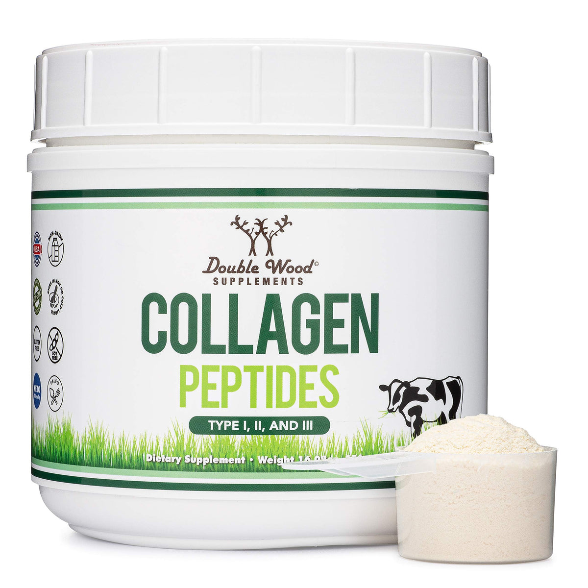 Double Wood Collagen Peptides bottle with unflavored powder for easy mixing.