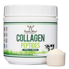 Double Wood Collagen Peptides bottle with unflavored powder for easy mixing.