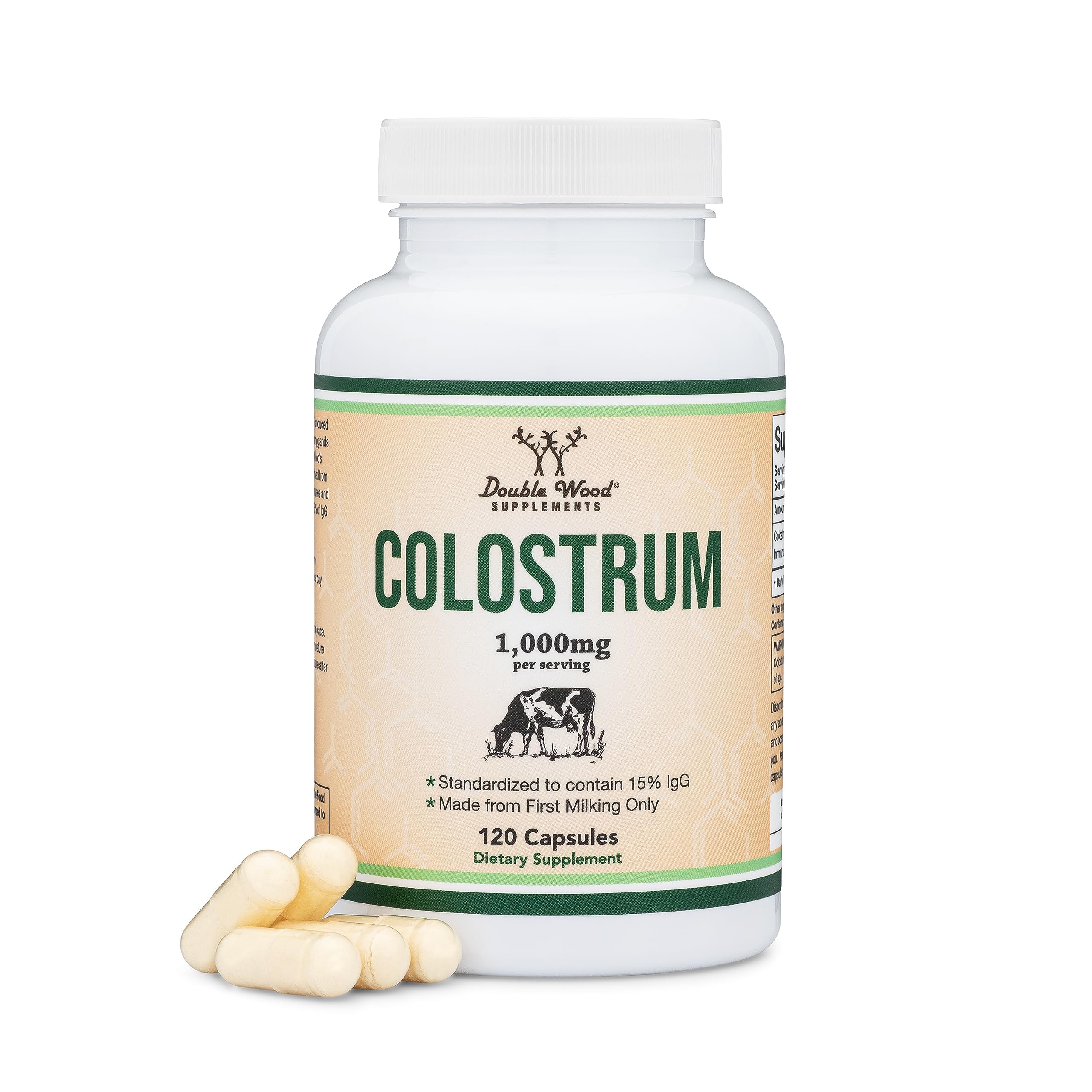 Double Wood Colostrum bottle front displaying 1,000 mg capsules.