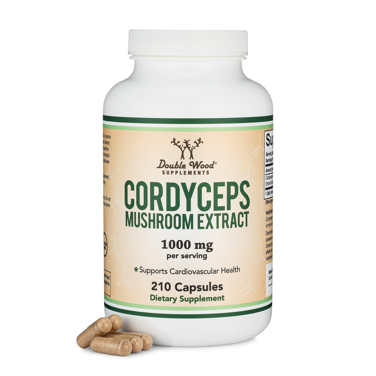 Double Wood Cordyceps capsules bottle shows easy daily dosing for sustained energy.