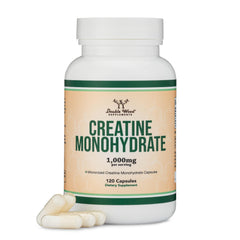Double Wood Creatine Monohydrate capsules bottle front for clean, plant-based gym support.
