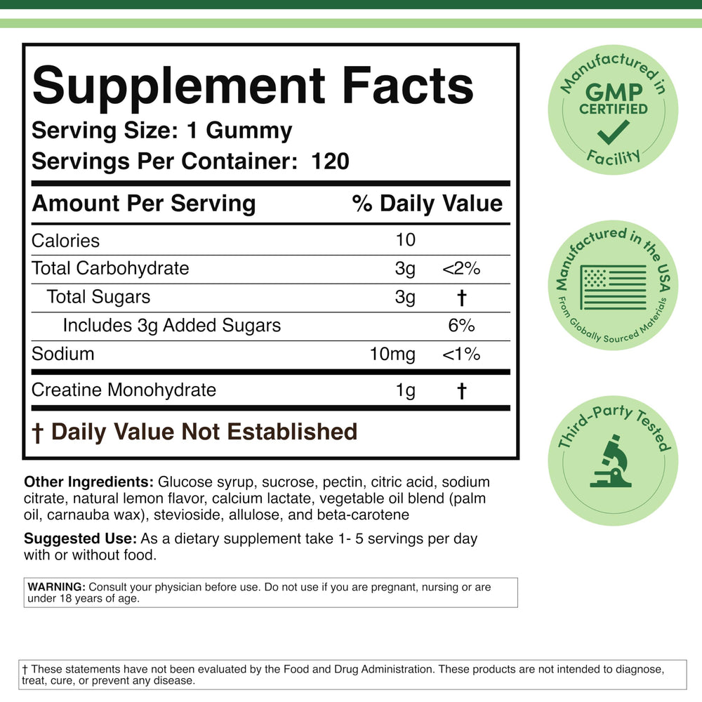 Double Wood Creatine Gummies bottle side highlighting vegan and gluten-free form