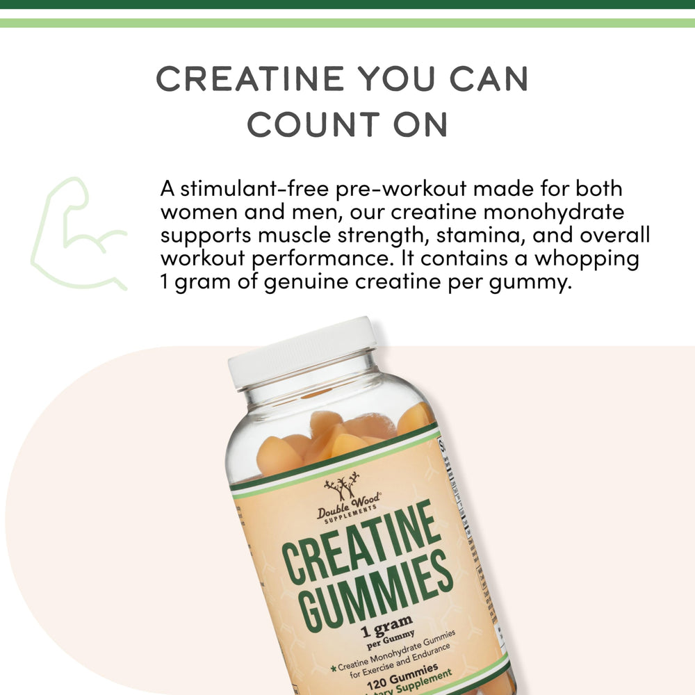 Double Wood Creatine Gummies closeup showing chewy texture and taste appeal