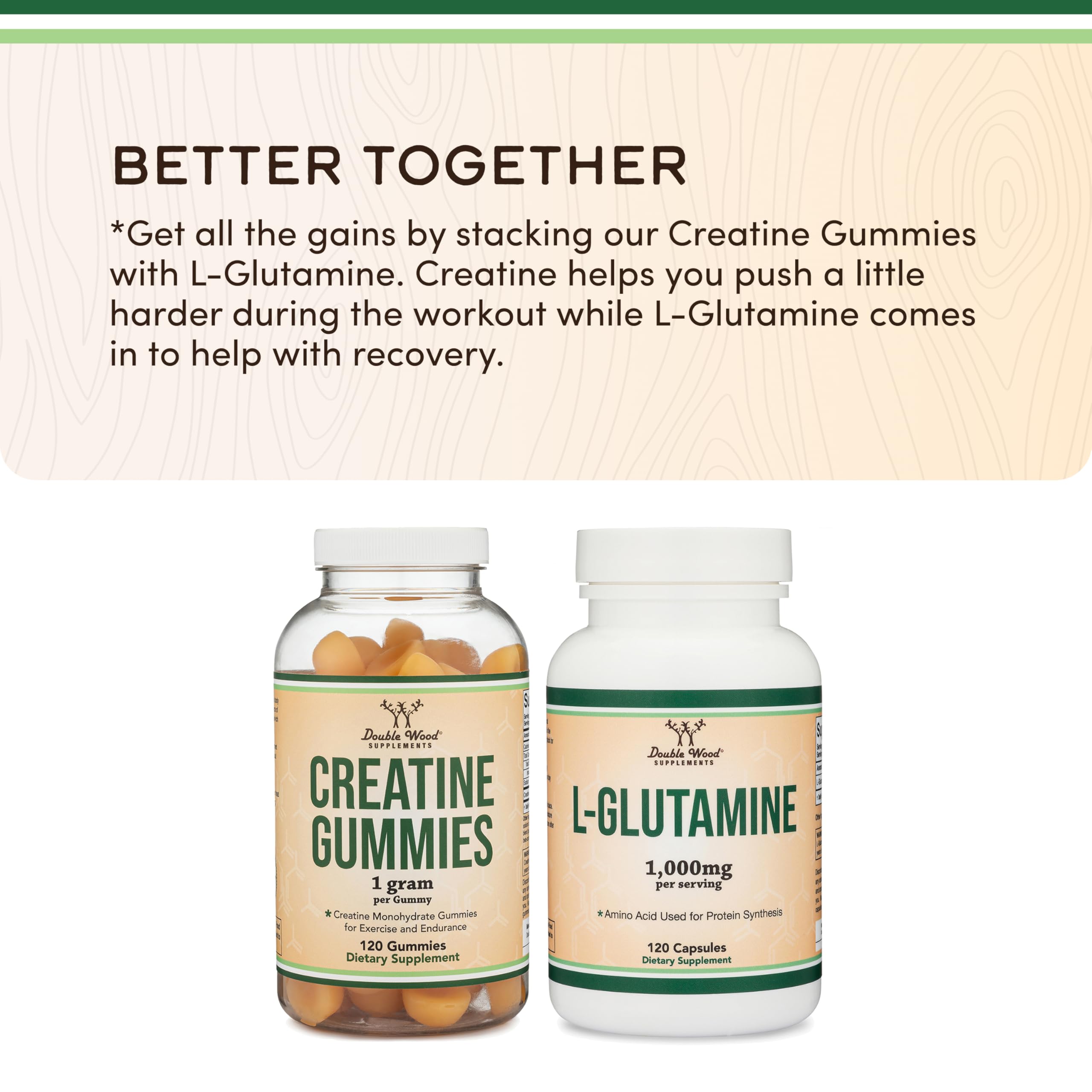 Double Wood Creatine Gummies label closeup emphasizing quality and testing
