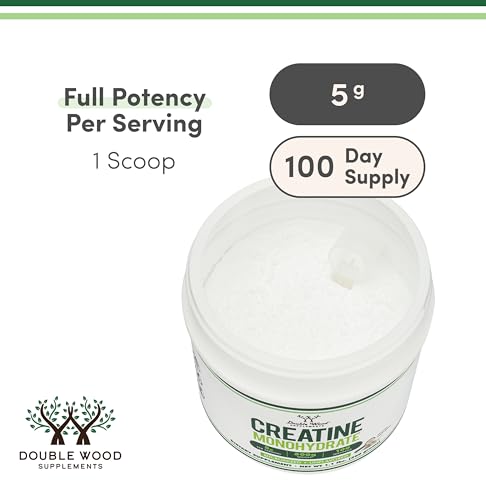 Close-up of Double Wood Creatine Monohydrate label highlighting vegan and gluten-free features