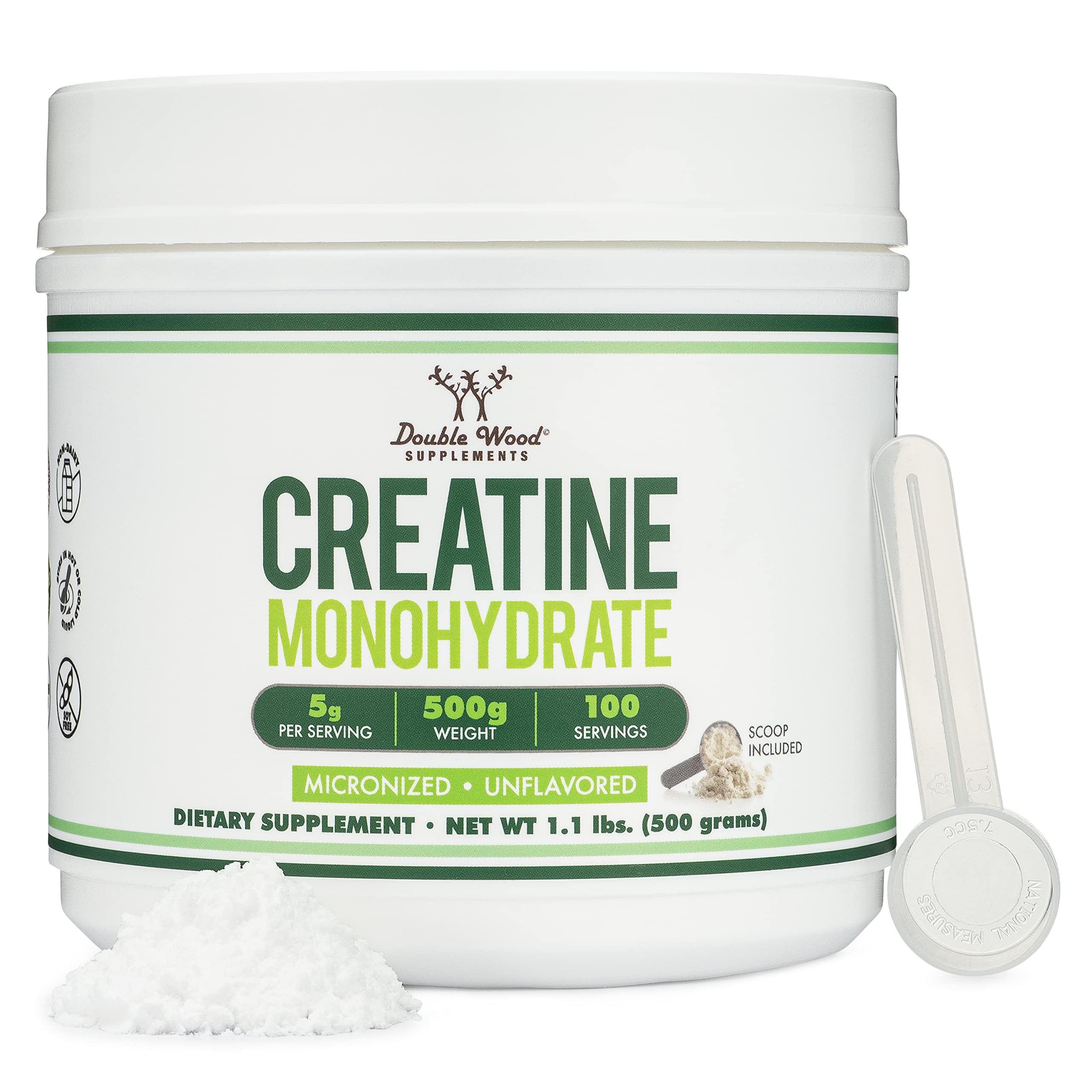 Double Wood Creatine Monohydrate packaging shows pure powder for daily workouts