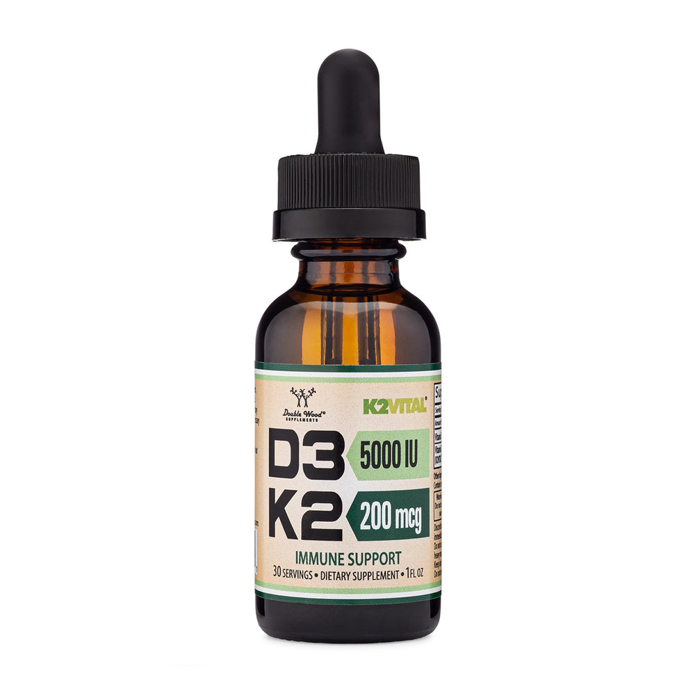 Double Wood Vitamin D3 K2 drops bottle highlights premium formula for daily wellness.