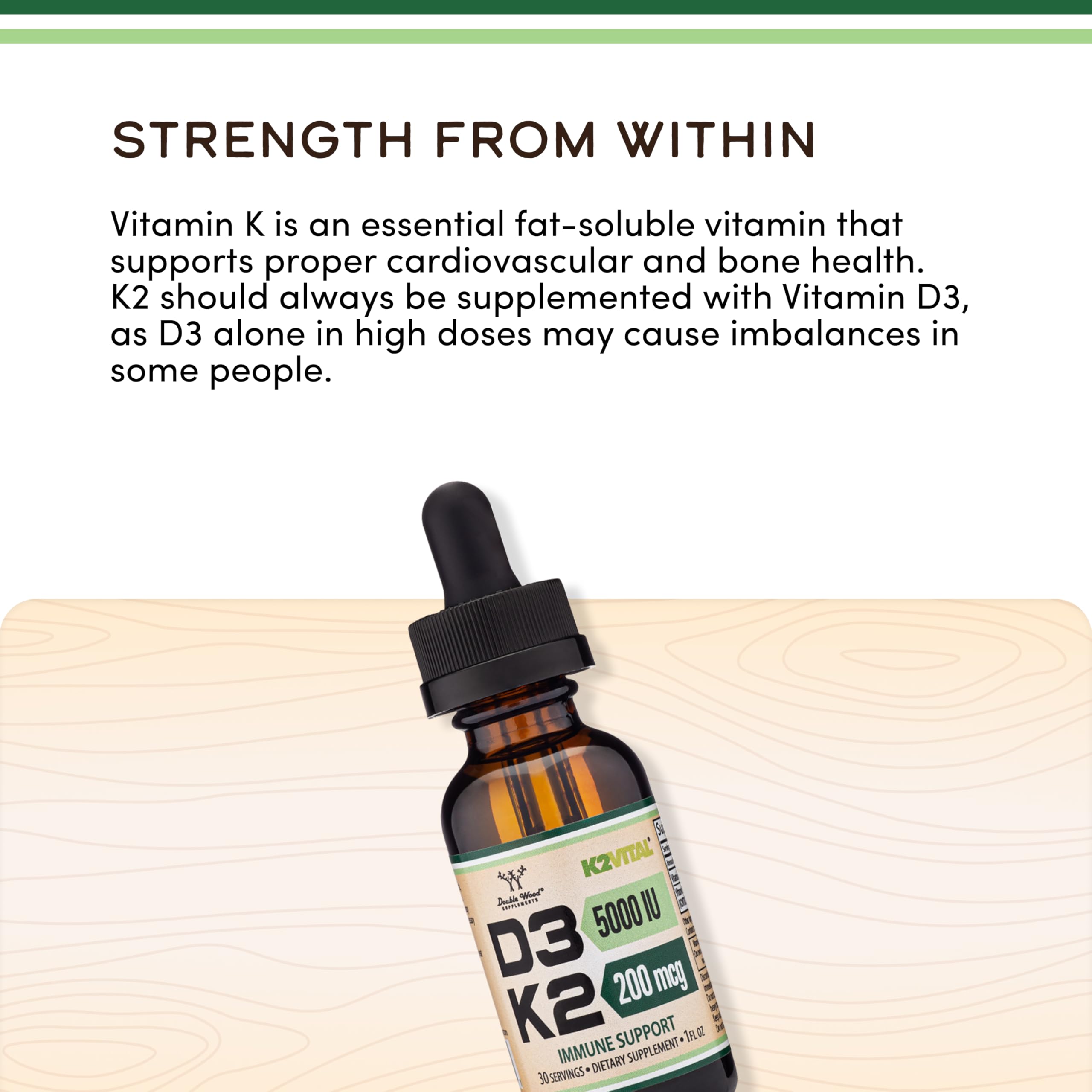 Double Wood D3 K2 drops label shot communicates clean sourcing and potency.