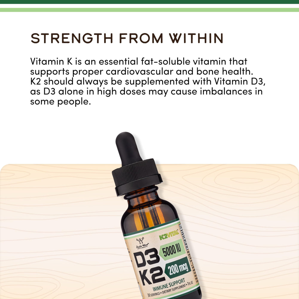 Double Wood D3 K2 drops label shot communicates clean sourcing and potency.